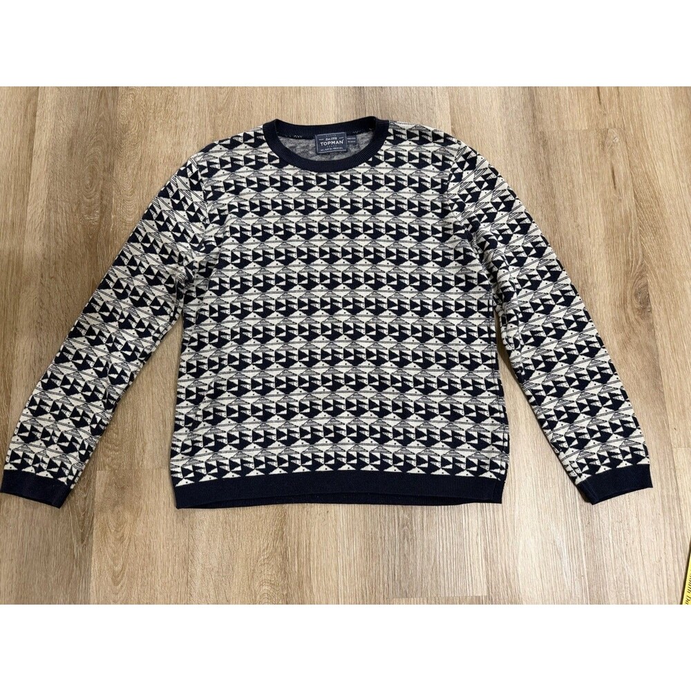 Topman Geometric Blue Cream Sweater Mens Size Large Grandpacore